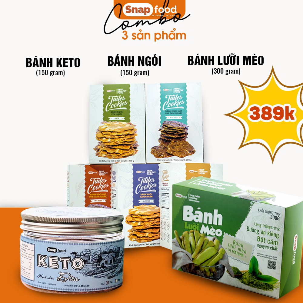 TRIPPLE COMBO 4 - Bánh quy Lưỡi mèo & Bánh quy Protein không whey & Bánh ngói GIẢM CÂN - Snap Food