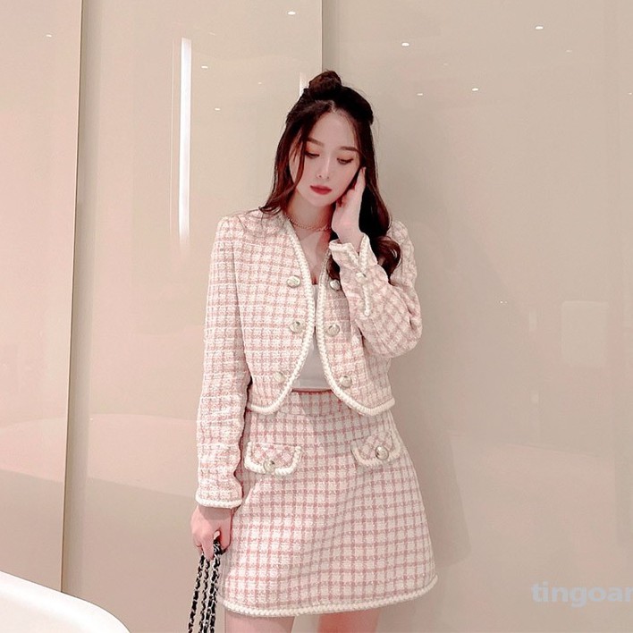 Chân váy tweed caro hồng 2 cúc cạp cao tingoan ROSIE SAKURA SKIRT/PK | BigBuy360 - bigbuy360.vn