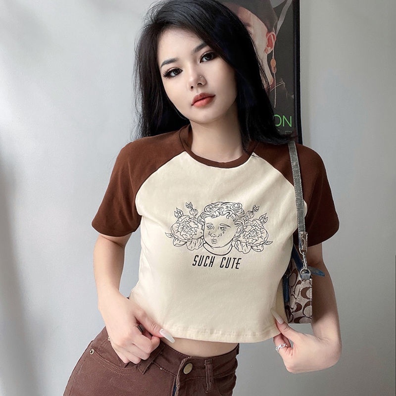 Áo Thun Ngắn Tay In Chữ Màu Sắc Tương Phản Thời Trang Mùa Hè Cho Nữ
