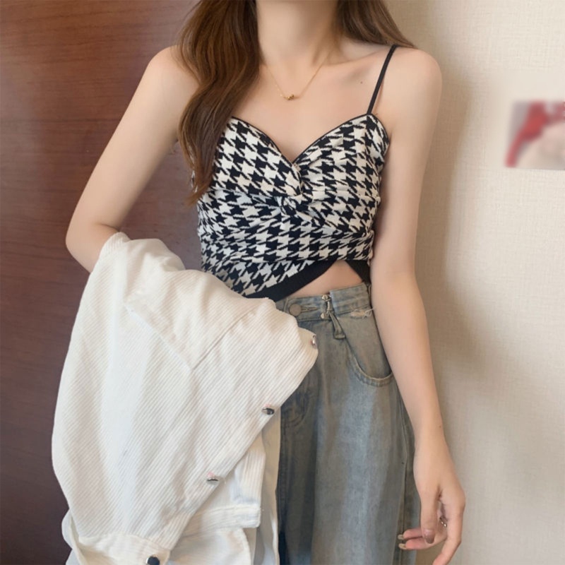 Brroa Áo Hai Dây Dệt Kim Họa Tiết Houndstooth Thời Trang Mùa Hè Cho Nữ