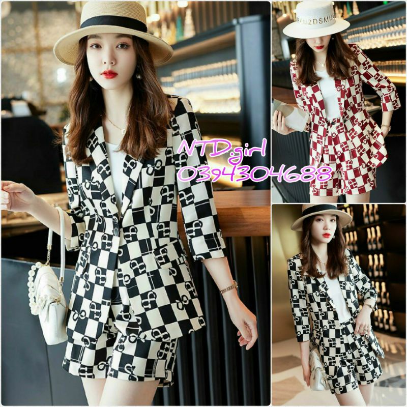 Hàng nhập - Set bộ vest nữ short họa tiết caro, sét đồ blazer công sở cotton lạnh
