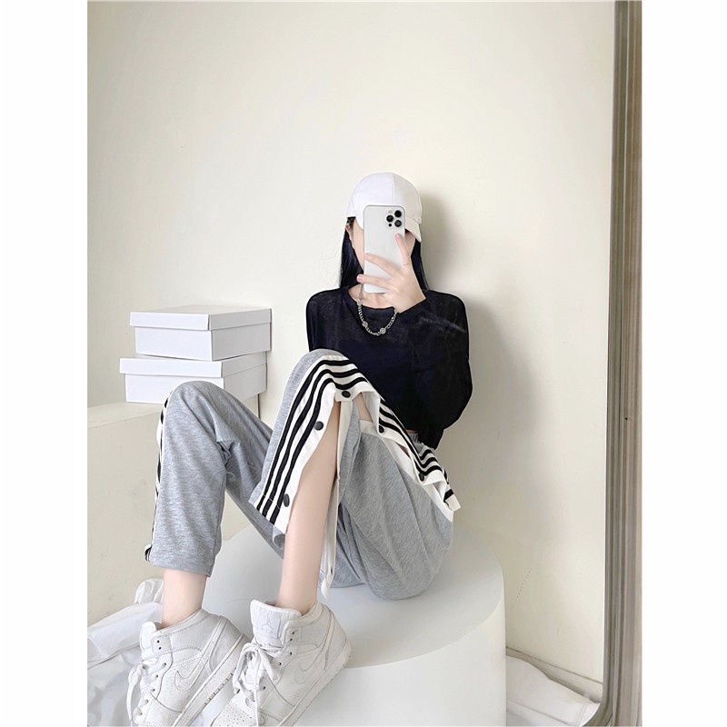 SUXI Quần thể thao ống rộng thiết kế nút phong cách Hàn Quốc thời trang mùa hè cho nữ