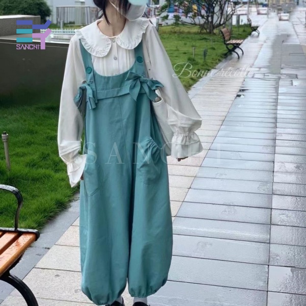 Set áo cổ búp bê tay phồng dáng rộng + quần ống rộng dễ thương xinh xắn dành cho nữ