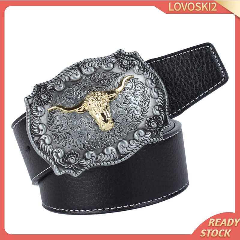 Mens Western Cowboy Leather Belt Waistband Arabesque Cow Head Buckle Black