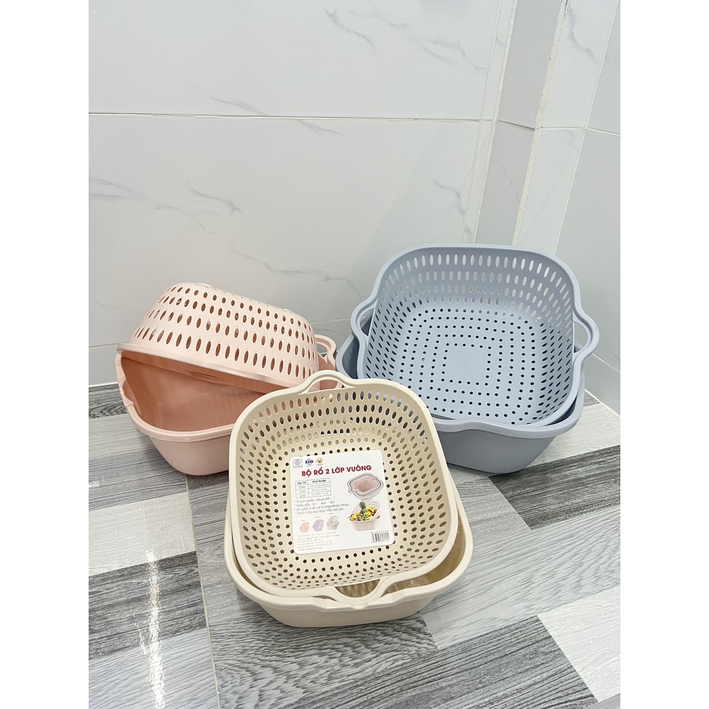 Bộ Thau Rổ Nhựa Vuông 6 Món Việt Nhật- MUA 1 ĐƯỢC 6 chậu rổ - Set 3 Rổ 3 Chậu Việt Nhật Dày Dặn Nhựa Cao Cấp