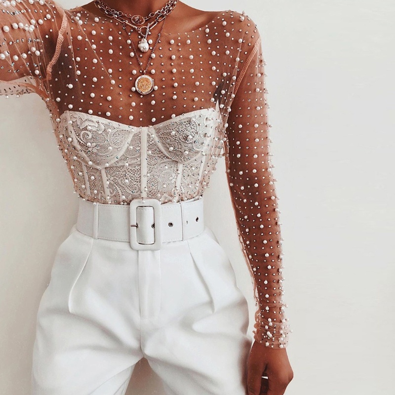 Áo Croptop Lưới Tay Dài Đính Hạt Ngọc Trai Dành Cho Nữ