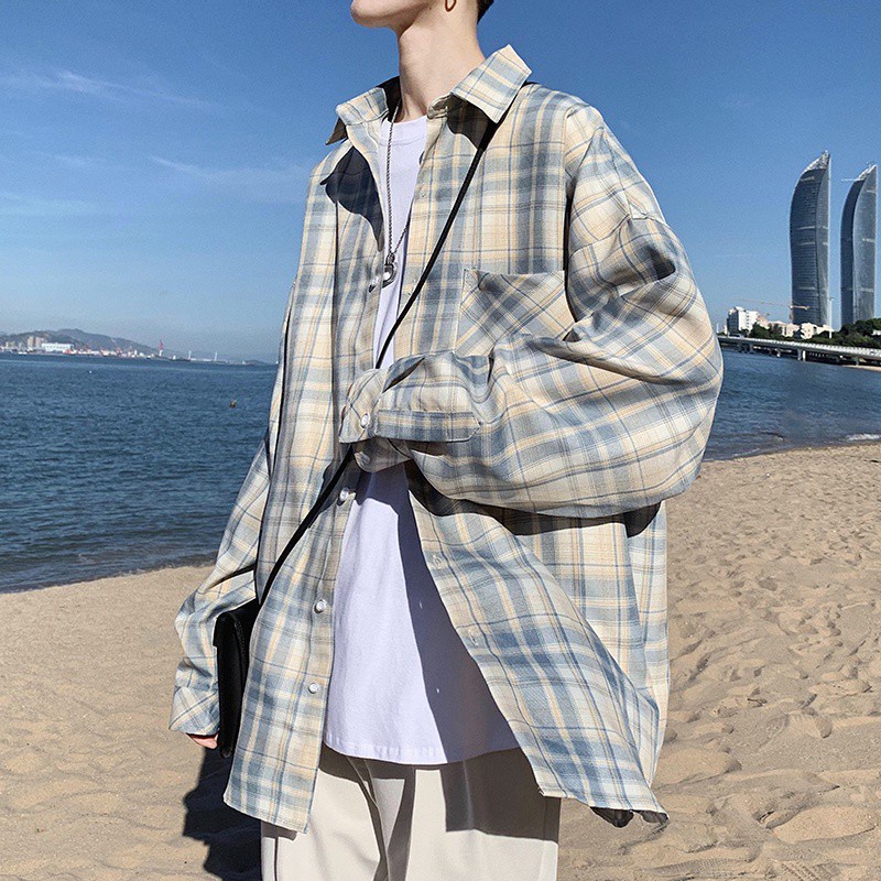 Áo khoác sơ mi tay dài kẻ sọc kiểu Hàn Quốc cá tính cho nam