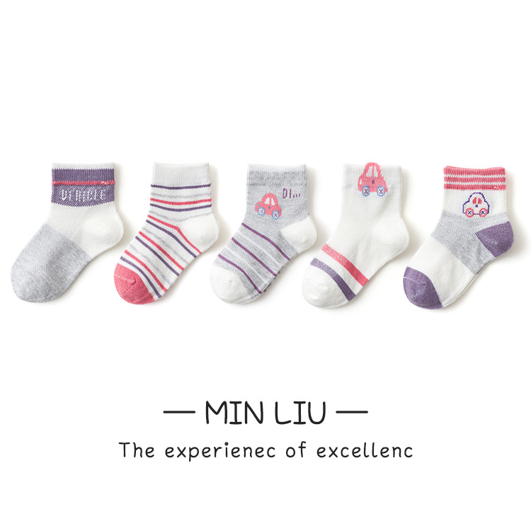 Set 5 Đôi Vớ Cotton Cổ Ngắn Phối Lưới Thoáng Khí Họa Tiết Hoạt Hình Dễ Thương Cho Bé 1-12 Tuổi