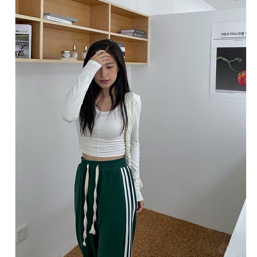 Quần Thể Thao Lưng Cao Ống Rộng Họa Tiết Kẻ Sọc Phong Cách Hàn Quốc Thời Trang Cho Nữ