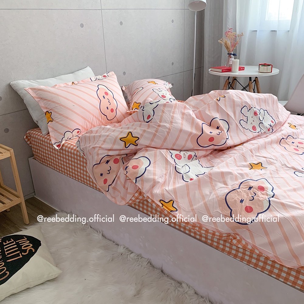 Bộ chăn ga gối Poly Cotton REE Bedding họa tiết thỏ mây hồng đủ size giường nệm PLC123