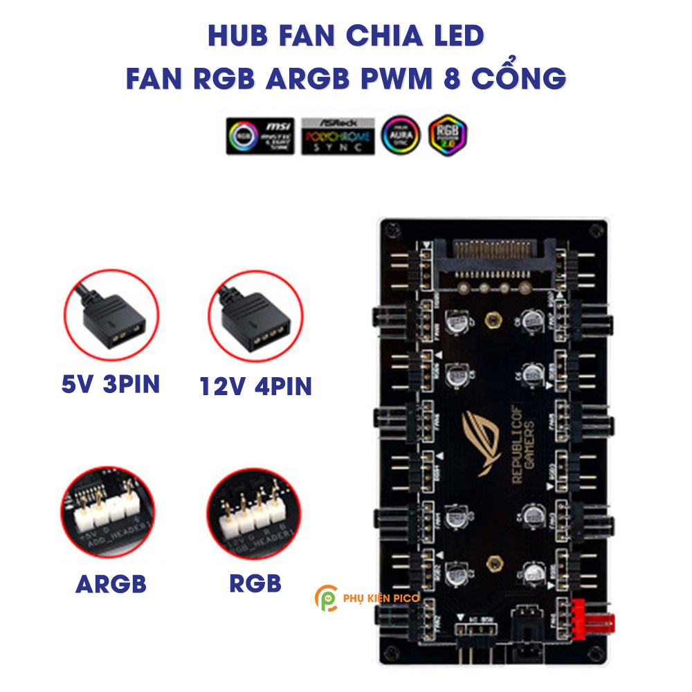 Hub chia Fan RGB ARGB và PWM - Fan Hub 8 cổng RGB / ARGB và 8 Cổng PWM ngồn Fan All in One