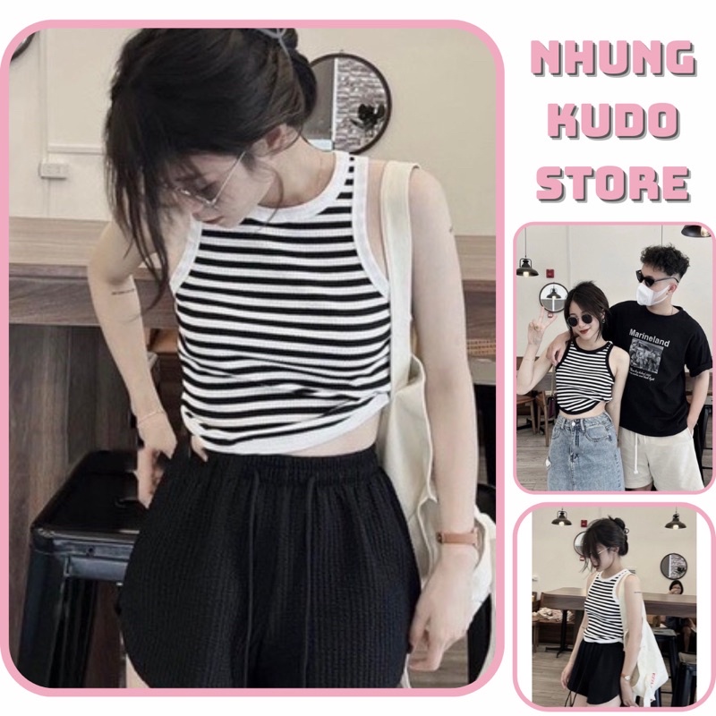 Áo ba lỗ, balo bo viền sát nách đuôi tôm hai màu kẻ đen trắng co giãn mềm mịn Nhungkudo