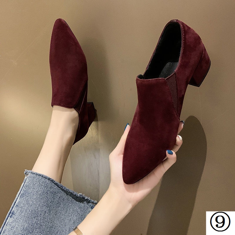 Giày Búp Bê Mũi Nhọn Gót Thấp Dày Dặn Màu Đen Phong Cách Anh Quốc Thời Trang Cho Nữ