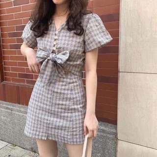 SET CARO ÁO CROP NÚT GIẢ GỖ CỘT NƠ EO