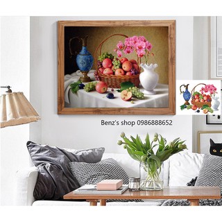 Tranh thêu chữ thập giỏ hoa quả LV3032 (55*43cm), tranh đính đá LV046 (65*50cm)