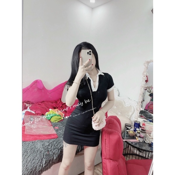 ĐẦM BODY GÂN CỔ BẺ PHỐI MÀU TAY NGẮN