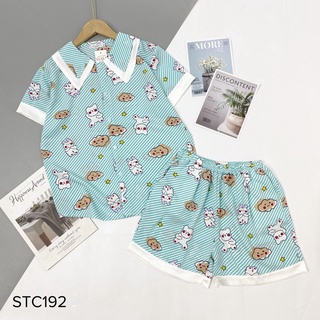 Bộ đồ mặc nhà Pyjamas lụa mango cao cấp, bộ ngủ cộc đùi cổ nhọn sọc xanh