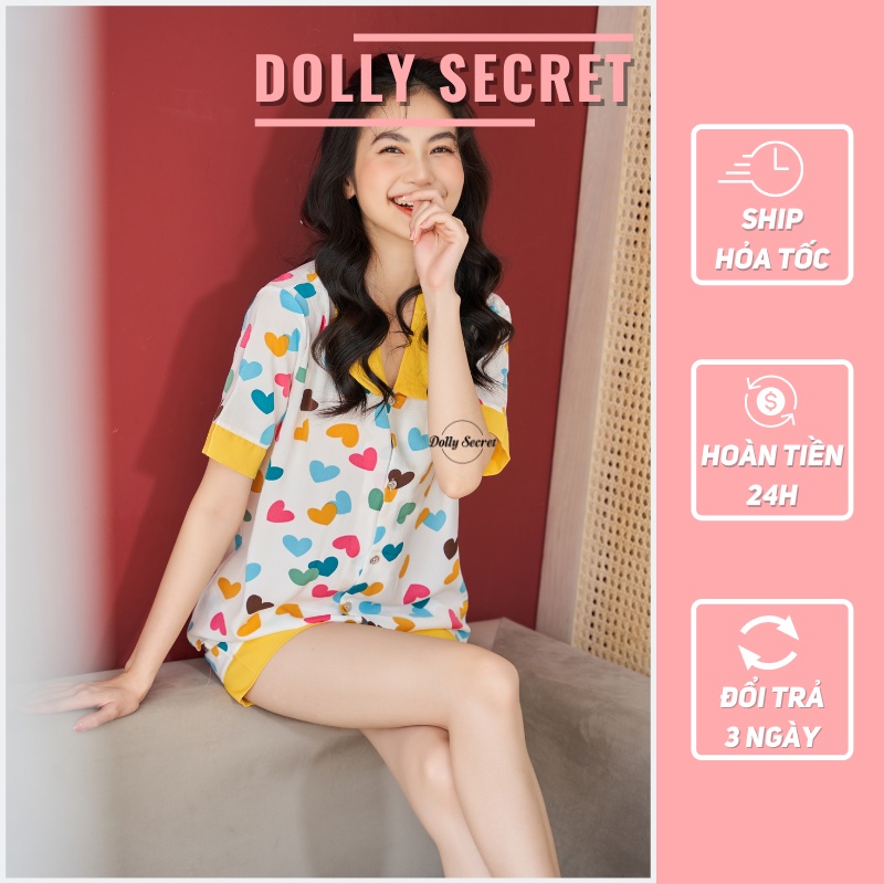 Đồ bộ Pijama ngắn tay cộc quần đùi lụa mango cổ tròn họa tiết trái tim chấm bi đáng yêu DOLLY SECRET CC04