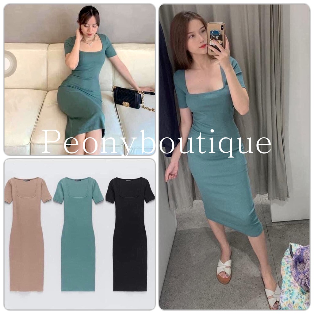 Váy Midi Cổ Vuông Cộc Tay 3 Màu PEONYB Nữ [FREESHIP]🌸 Đầm dự tiệc body dáng ôm bánh bèo tiểu thư ĐEN | BE Ulzzang 🌸 | BigBuy360 - bigbuy360.vn