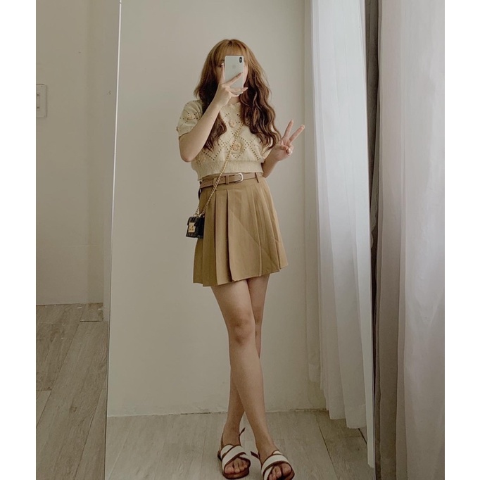Chân váy xếp ly nâu be