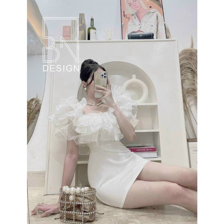 Đầm Body Trễ Vai Phối Bèo Voan Kiếng Có Mút Ngực Rose Fashion