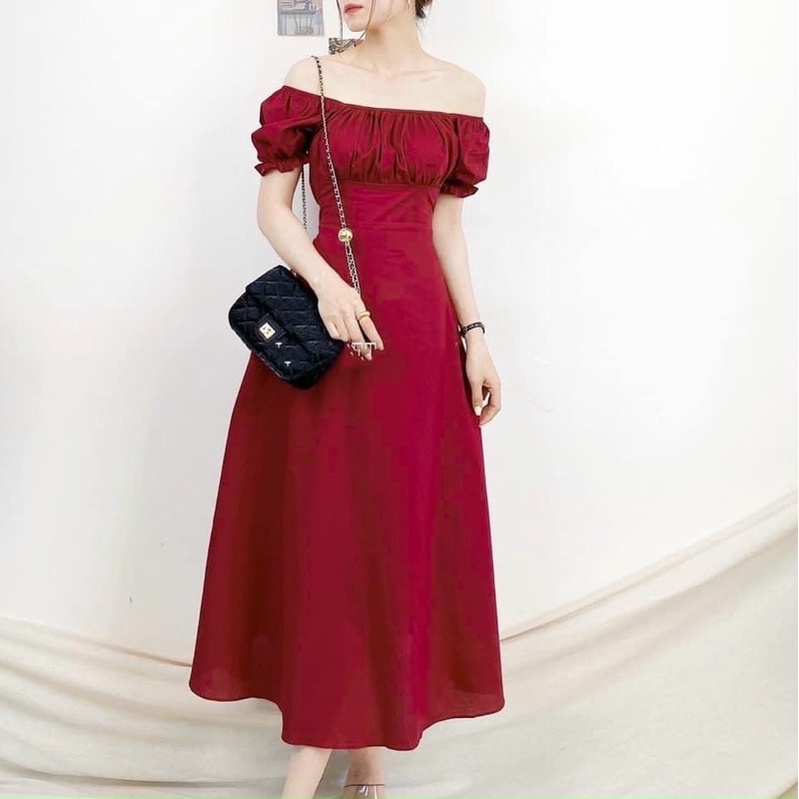 Đầm váy đỏ trễ vai nhúng ngực form dài