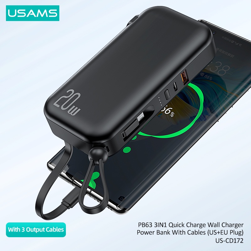 Sạc Dự Phòng USAMS PB63 3 Trong 1 10000mAh 22.5W Kèm Dây Cáp
