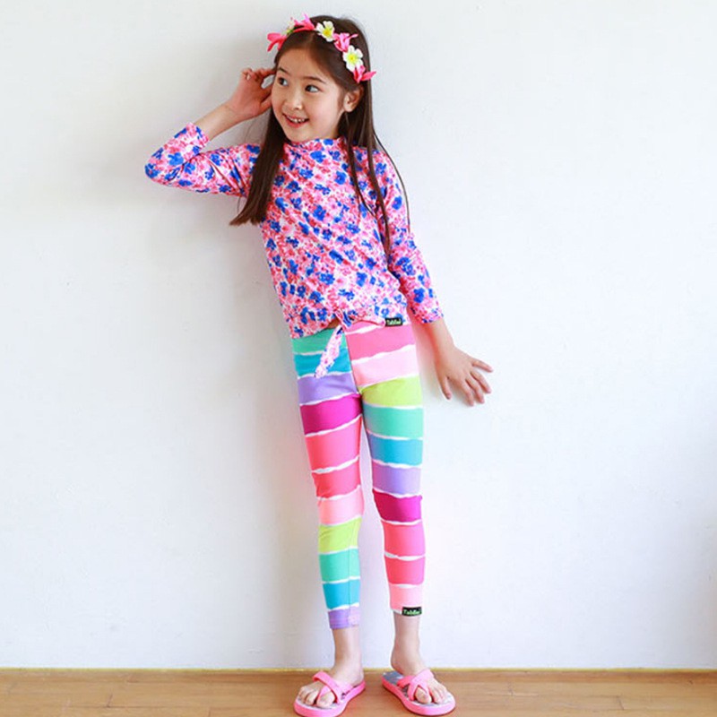 Set đồ bơi 2 mảnh dài tay màu cầu vồng cho bé gái 2-11 tuổi