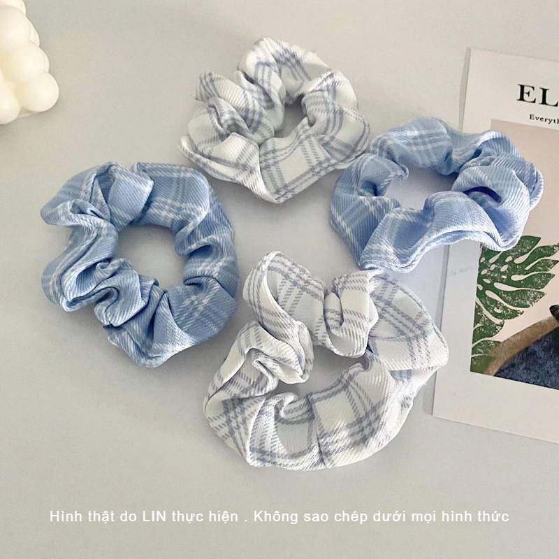 Scrunchies Cột Tóc Vải Caro Màu Xanh LIN Phong Cách Hàn Quốc