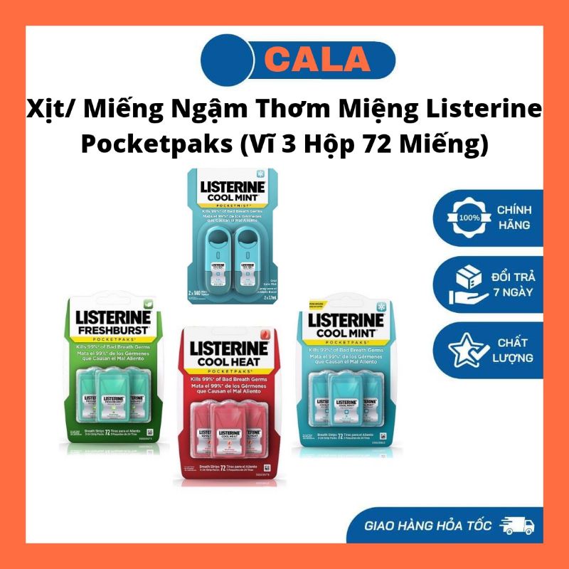 Xịt/ Miếng Ngậm Thơm Miệng Listerine Pocketpaks Vĩ 3 Hộp 72 Miếng