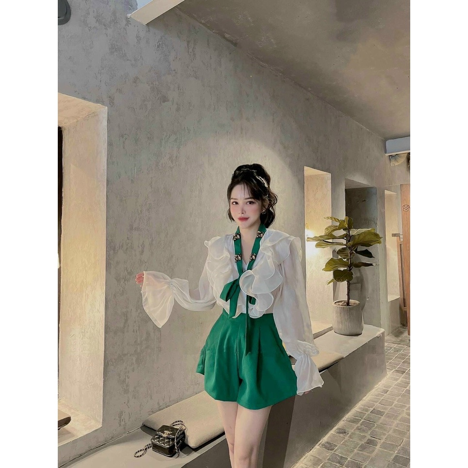 Sét bộ thời trang nữ mặc đi chơi áo chất voan tơ kèm lót tay bèo dài mix quần cotton lạnh xanh và đen