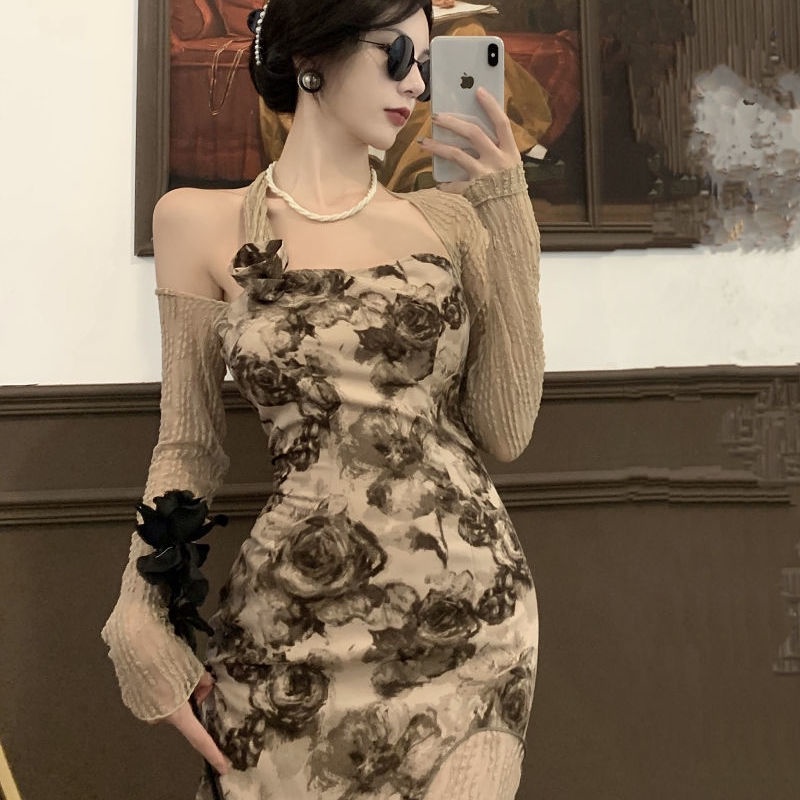 Đầm Hoa Hai Mảnh Tay Dài Hở Vai Phong Cách Pháp Thời Trang Mùa Thu Cho Nữ 15 Ngày