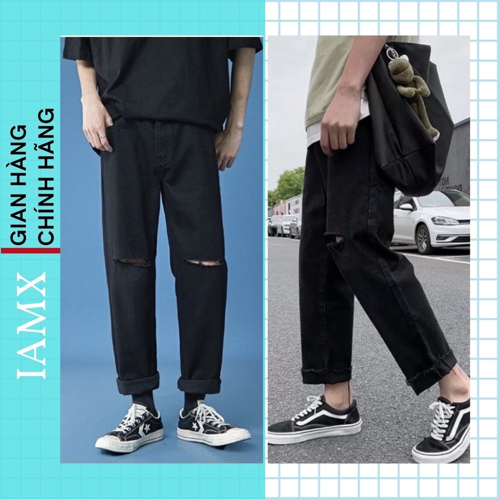 Quần jean nam đen rách gối, quần bò rách Baggy ống suông, rộng dáng đứng style Hàn Quốc