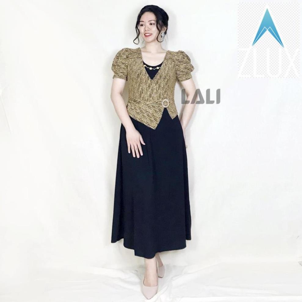 Đầm maxi dáng dài tay phồng, Váy trung niên cổ đắp thun co dãn thiết kế LALI MS72 .