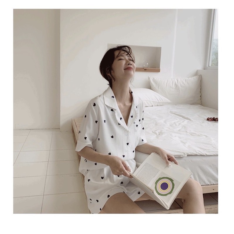 [HÀNG ORDER 3 NGÀY]  🔆  Bộ đồ ngủ Trắng áo sơ mi kèm quần vải Cotton in Hình trái tim xinh xắn hàng Quảng Châu cao cấp