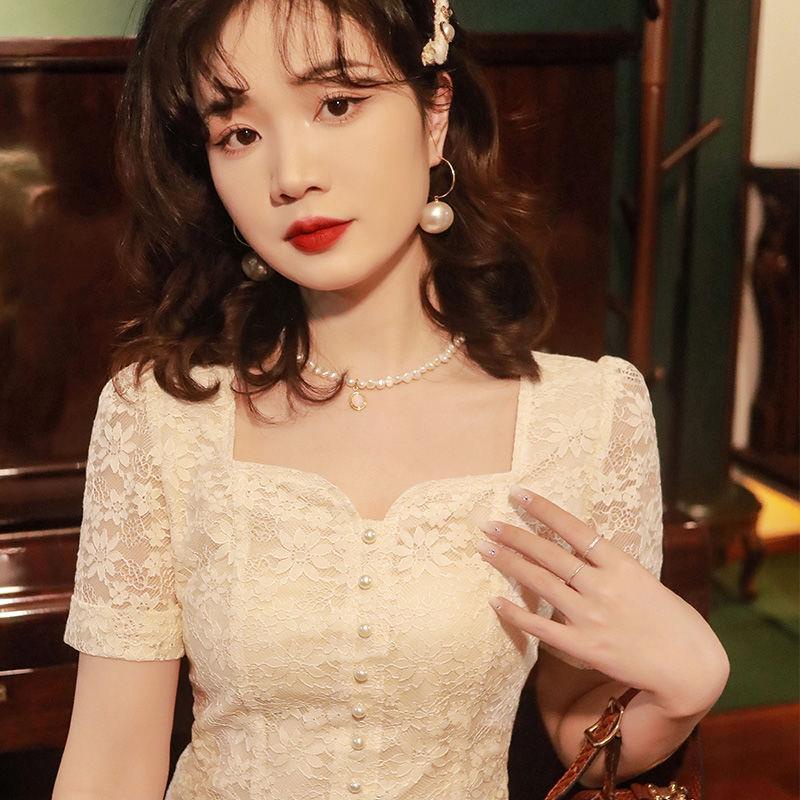 The store is on holiday  please chat with customer service! Áo Ren Tay Ngắn Cổ Vuông Họa Tiết Thêu Hoa Phong Cách Retro