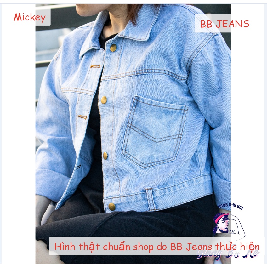 [Tốt] Áo khoác jean nữ Mickey mũ thêu HE form lững mặc đẹp từ 39-58kg cao dưới 1.62m từ BB Jeans