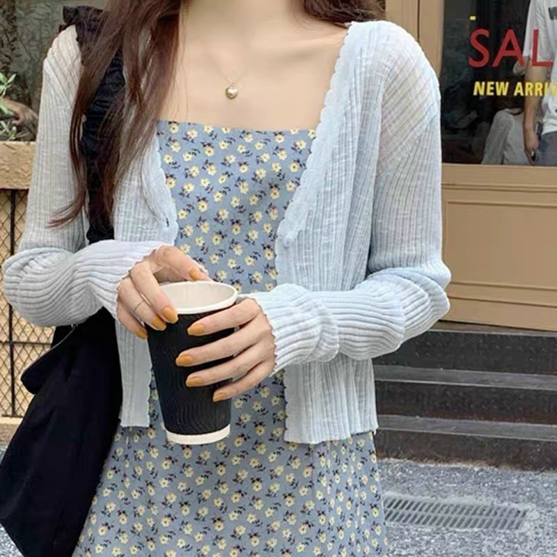 Áo cadigan croptop mỏng mùa hè khoác ngoài chất len dệt kim cổ chữ V hàng Quảng Châu
