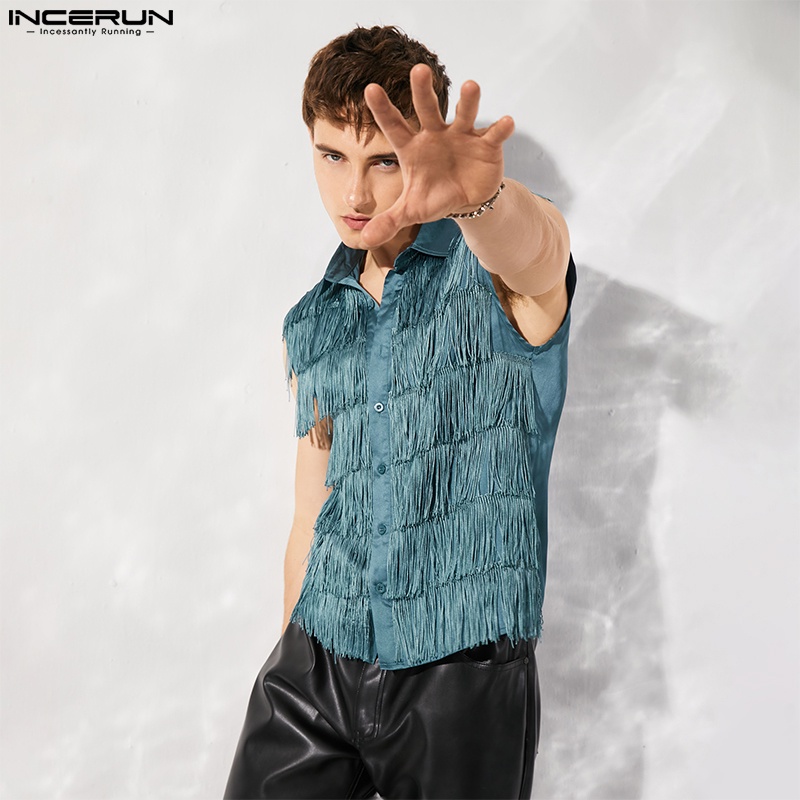 INCERUN Áo Sơ Mi Không Tay Viền Tua Rua Thời Trang Dự Tiệc Cho Nam