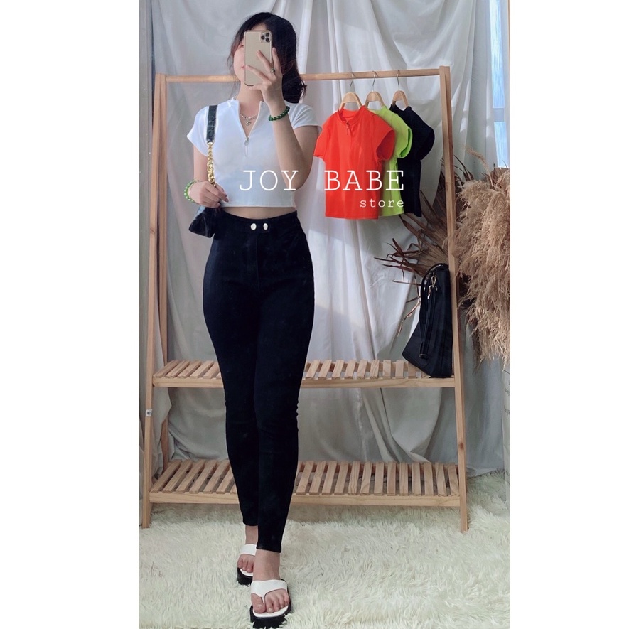 Áo thun croptop cổ bẻ kéo khóa JOY BABE🍊 thun xịn co giãn 4 chiều 🍀 crop polo trơn basic cam xanh lá sáng da CRON 14 -4E