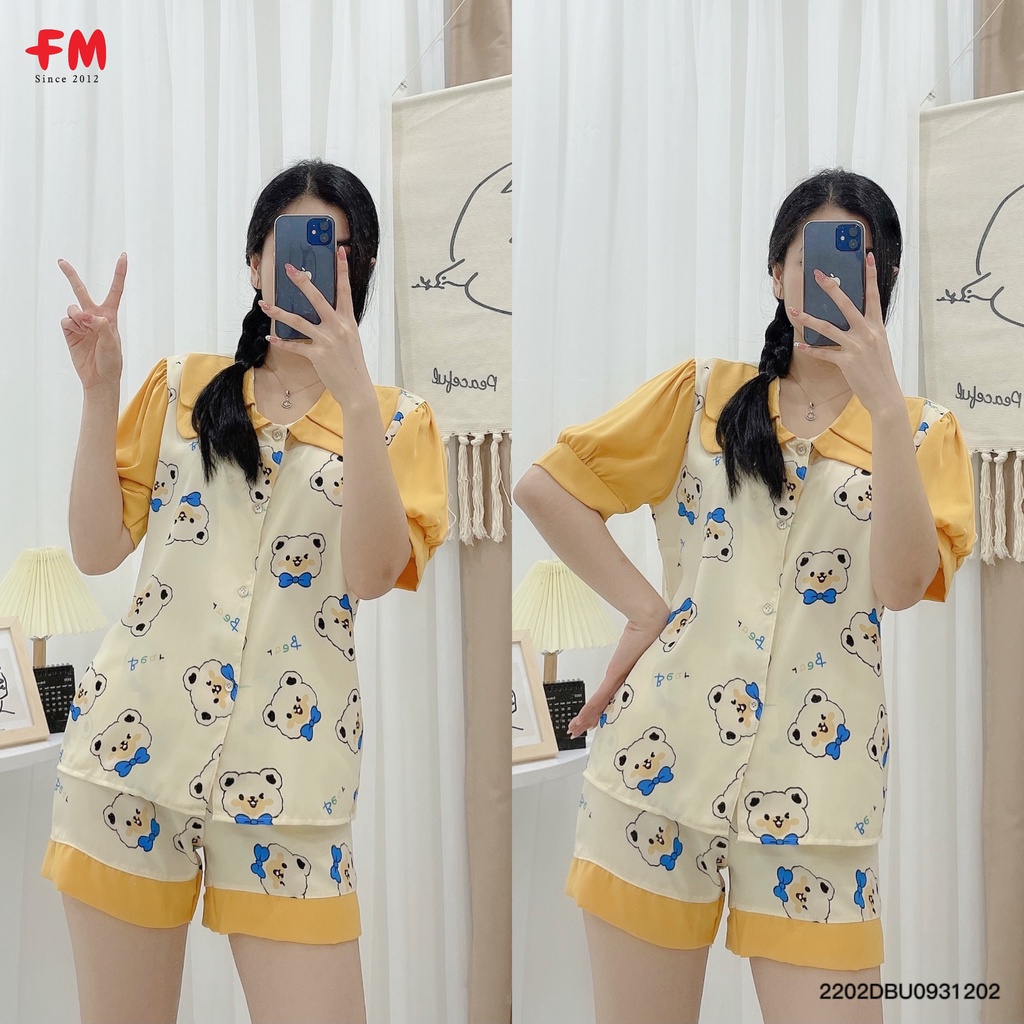Đồ bộ nữ FM Style pijama lụa mặc nhà ngắn tay quần đùi cổ bèo dễ thương thời trang 220212021