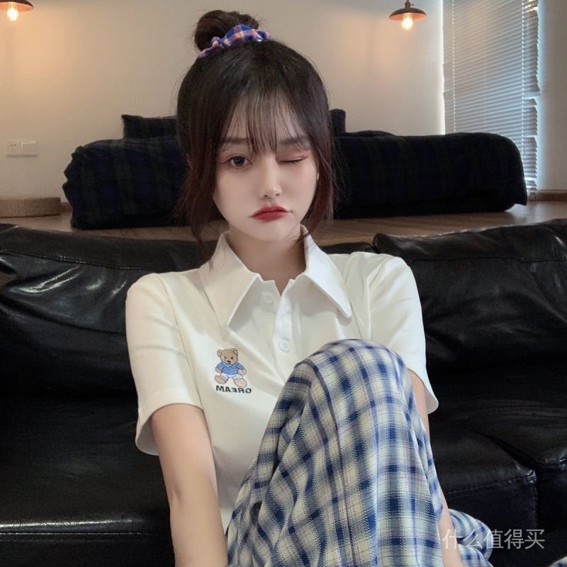 Women's 2021 spring and summer short sleeve bear t-shirts new wild thin white short high waist polo shirt | BigBuy360 - bigbuy360.vn