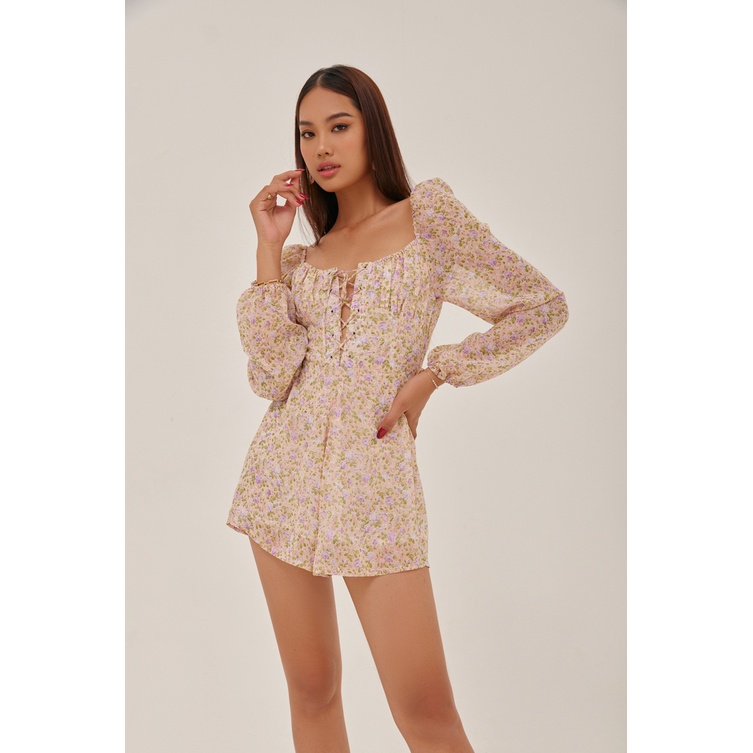 Nene Clothing - Playsuit hoa tay dài, dây đan chéo ngực