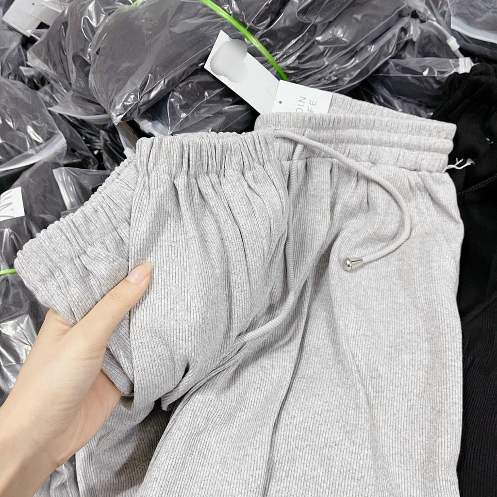 Quần boom tăm cạp chun bo chân ống rộng nữ Minxinh, Quần jogger nữ cá tính bo gấu chất tăm hàng đẹp