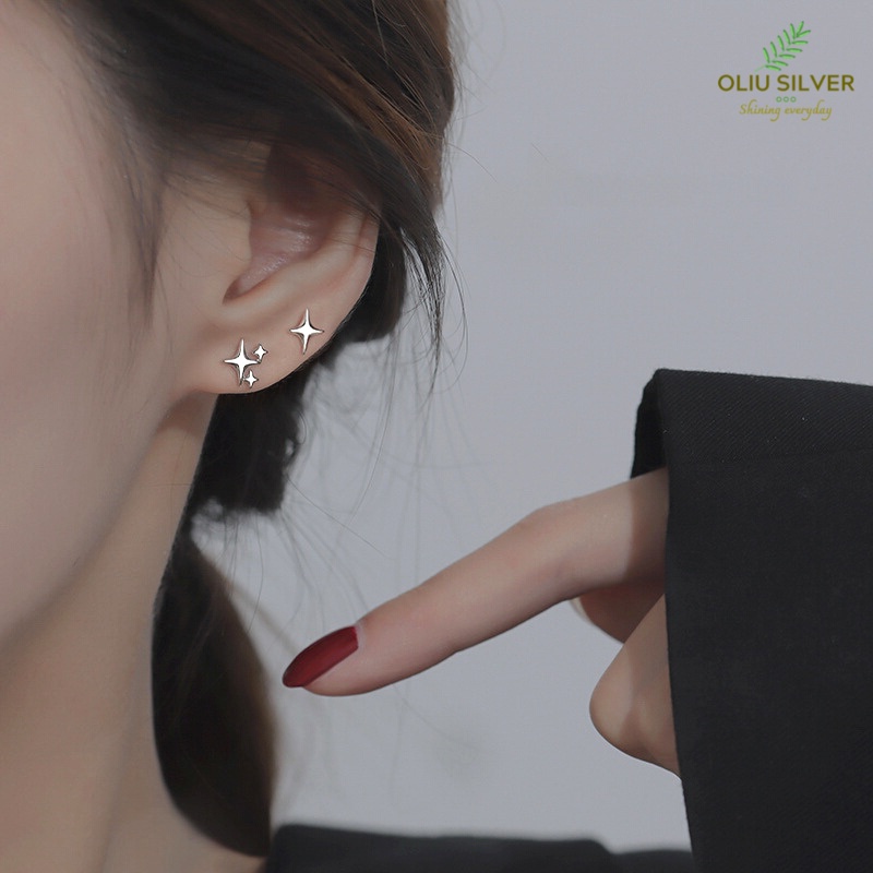 Bông Tai Bạc S925 Ngôi Sao Bốn Cánh Bất Đối Xứng Trẻ Trung Cá Tính | Khuyên Tai Nữ Trang Sức Bạc Thời Trang