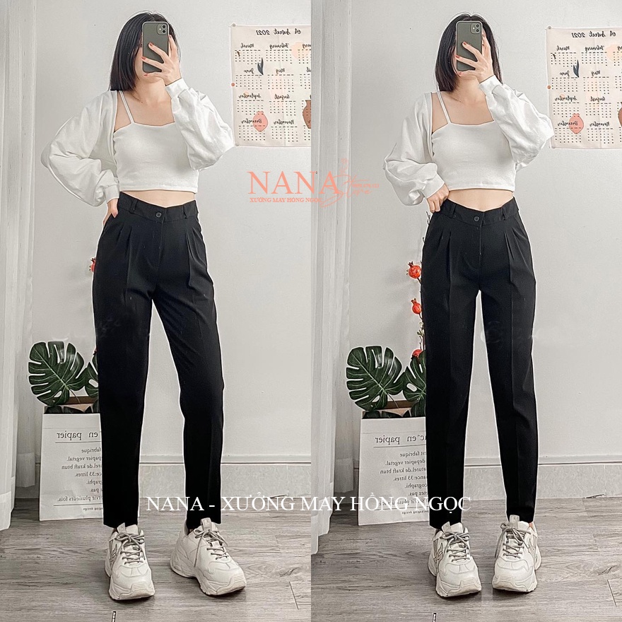 Quần tây nữ lưng cao ống baggy đứng dài đi học làm công sở dáng quần vải nữ học sinh viên cạp cao màu Xanh Đen tuyết mưa