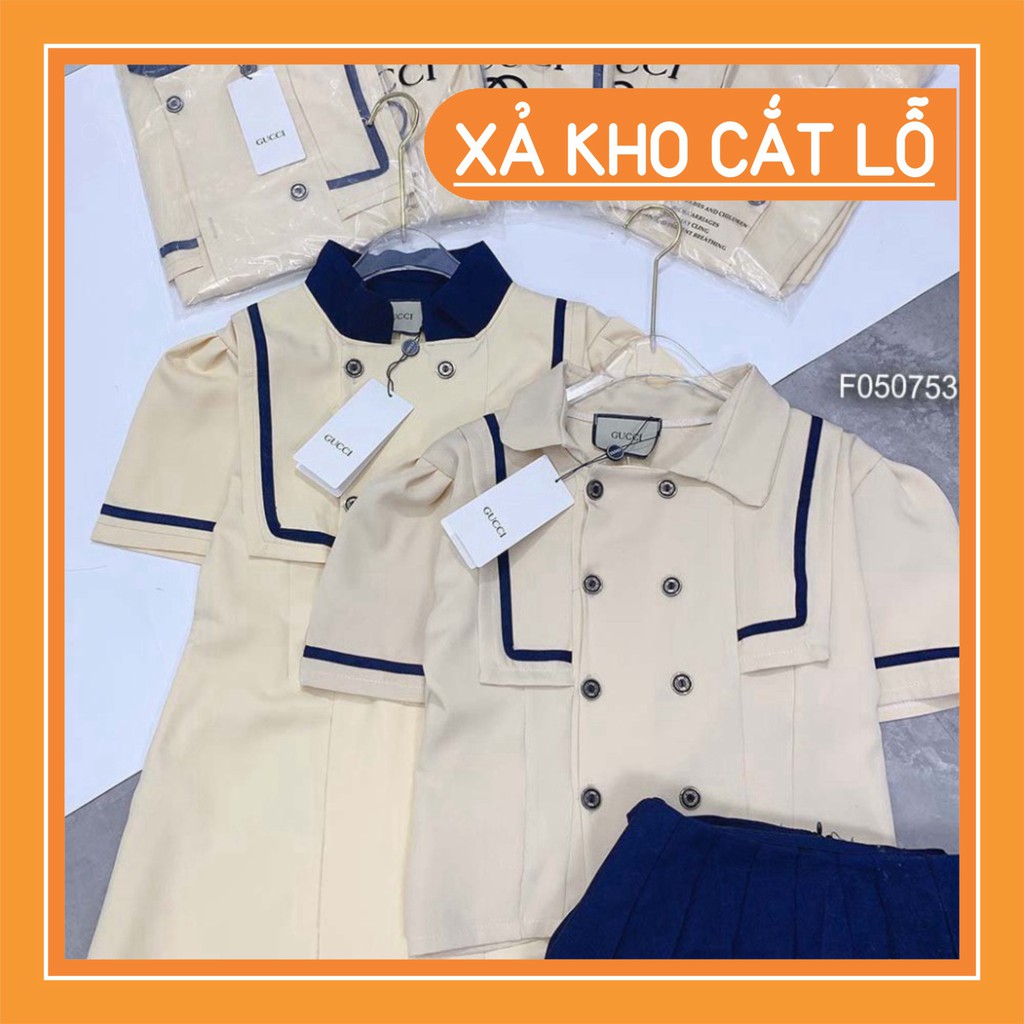 Set bộ áo thủy thủ phối nút chạy viền tay ngắn kèm chân váy xếp ly và đầm thủy thủ tay ngắn đồng giá