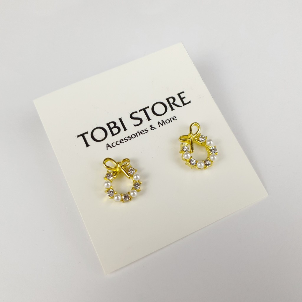 Bông tai nữ nơ nhỏ đính đá xinh xắn TOBI STORE khuyên tai tròn nhỏ xinh đơn giản nữ tính TB296