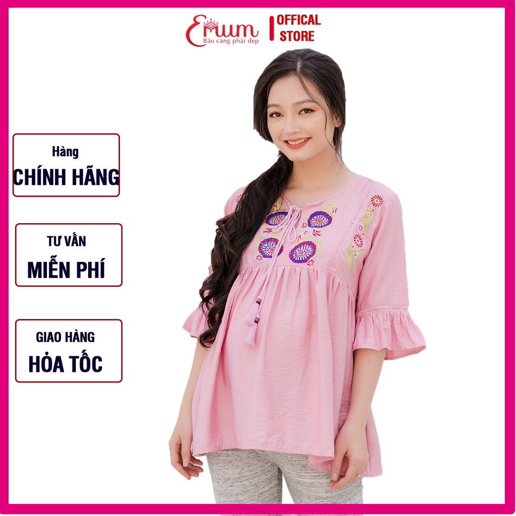 Áo bầu cổ xẻ thêu hoa tay bèo phối ren hồng ruốc Emum