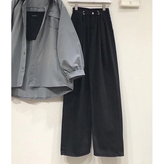 Quần Culottes Jean bò cạp cao năng động Thụng Móc Cài dài 100cm